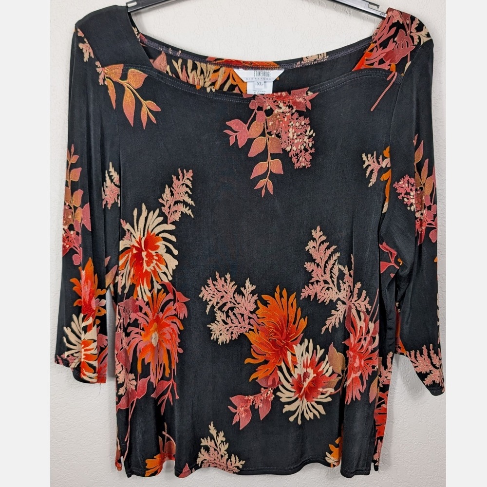 Stonebridge Signature XL Black Floral‎ Print 3/4 Sleeve Boat Neck Top